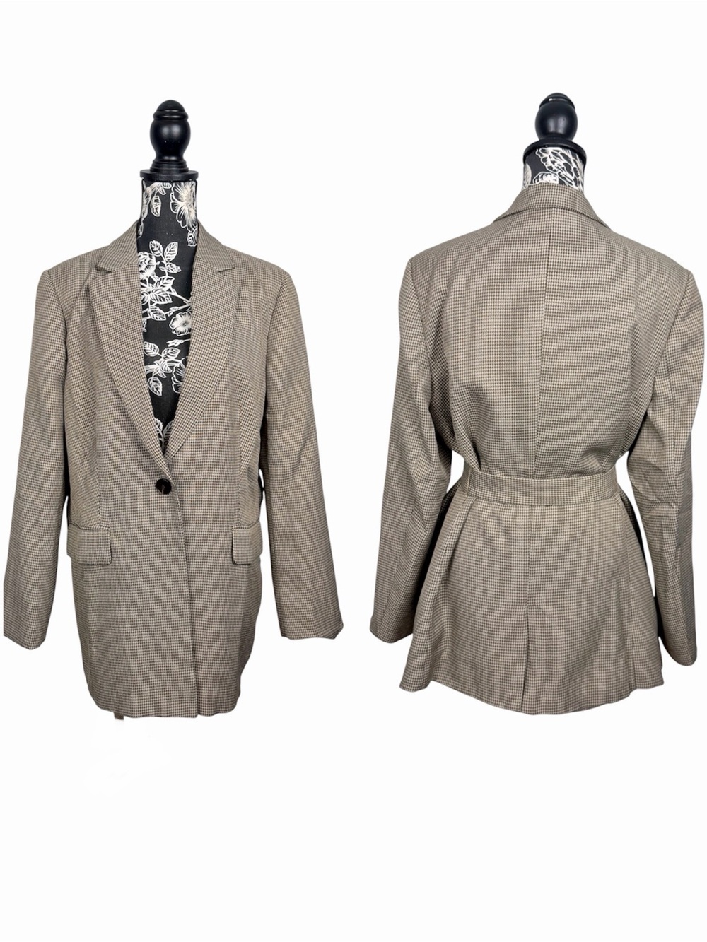Jasambac brown plaid self tie waistband single button oversized blazer size XL
